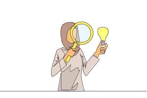 Single one line drawing Arabian businesswoman inspects lightbulb she holds with a magnifier. Analyze existing ideas and select them for new business needs. Continuous line design graphic illustration vector