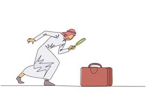 Single one line drawing Arabian businessman holding magnifying glass highlights the briefcase. Immediately tidied up his briefcase to go on a business trip. Continuous line design graphic illustration vector