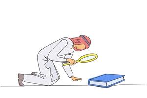 Single continuous line drawing Arabian businessman holding magnifying glass looking at book. Looking for knowledge about franchising from a scientific study book. One line design illustration vector