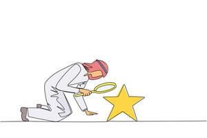 Continuous one line drawing Arabian businessman holds magnifying glass look at stars. The high star is the ultimate goal of business level. Reach dreams. Single line draw design illustration vector