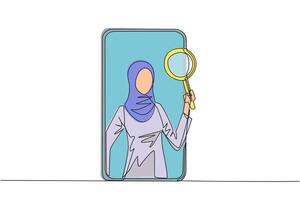 Single continuous line drawing of Arabian businesswoman came out of smartphone screen holding magnifier. Utilizing internet technology on smartphones to promote business abroad. One line design vector