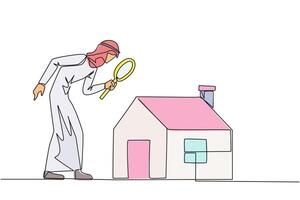 Single one line drawing of Arabian businessman stood holding the magnifier and inspected the miniature house. Looking for home property to be used as passive income. Continuous line design graphic vector