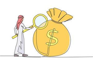 Single continuous line drawing Arab businessman stood checking out giant money bag with magnifier. A person's success depends on the number of money bags collected. One line design illustration vector