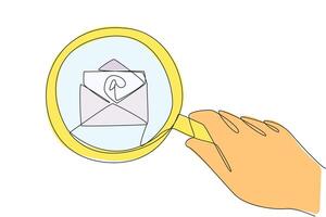 Continuous one line drawing big hand holding magnifying glass highlights the email icon. Observe and sort every incoming email for significant business progress. Single line design illustration vector