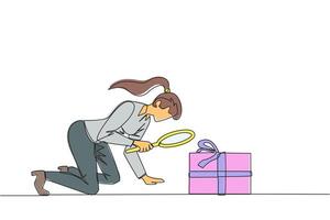 Single continuous line drawing businesswoman holding magnifying glass highlights gift box. Assign bonuses to employees have high dedication to the company. Prize. One line design illustration vector