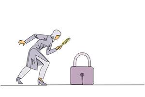Single continuous line drawing of Arabian businesswoman holds magnifying glass look at padlock. Looking ways to protect stock values to keep high and safe from hackers. One line illustration vector