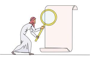 Continuous one line drawing Arabian businessman stood holding a magnifier highlighted a rolled paper. Evaluates product compliance in accordance with company's business standards. Single line vector