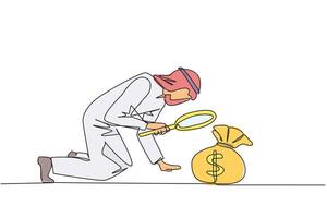 Single one line drawing Arab businessman looks down checking money bag with magnifier. Be careful to check and recalculate before making business payments. Continuous line design graphic illustration vector