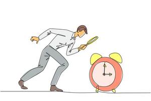 Continuous one line drawing of businessman holding magnifying glass looking at alarm clock. Super busy businessman, always working overtime. Workaholic. Single line draw design illustration vector