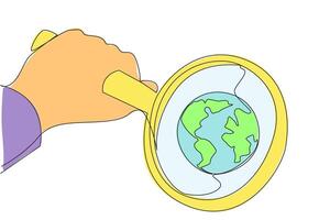 Continuous one line drawing of big hand holding magnifying glass highlights the globe. Map a path to grow the business. Look carefully not to be fooled. Single line draw design illustration vector