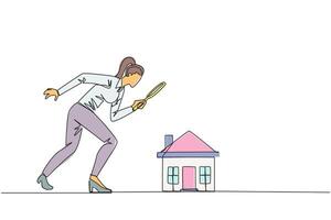 Single continuous line drawing of businesswoman holding magnifying glass looking at miniature house. Get ready to make passive income after viewing several house. One line design illustration vector