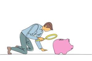 Single line drawing of young businessman holding magnifying glass looking at piggy bank. A stagnant business requires additional capital from a piggy bank. Venture. One line design illustration vector