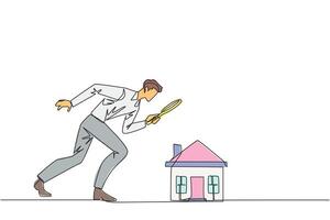 Single one line drawing of young businessman holding magnifying glass looking at miniature house. Get ready to make passive income after viewing a house. Continuous line design graphic illustration vector