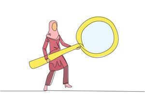 Continuous one line drawing Arabian businesswoman standing holding a giant magnifier. Resembling a guitar player, she searches, analyzes, finds all the necessary data. Single line draw design vector