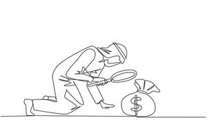 Single one line drawing Arab businessman looks down checking money bag with magnifier. Be careful to check and recalculate before making business payments. Continuous line design graphic illustration vector