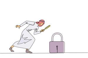 Single continuous line drawing Arabian businessman holds magnifying glass look at padlock. Looking ways to protect stock values to keep high and safe from hackers. One line design illustration vector