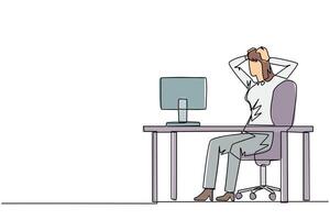 Single continuous line drawing of stressful businesswoman sitting in work chair is holding her head with both hands. In front of monitor face the reality of many unpaid bills. One line design vector