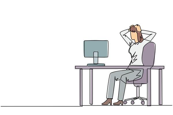Single continuous line drawing of stressful businesswoman sitting in work chair is holding her head with both hands. In front of monitor face the reality of many unpaid bills. One line design