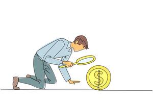 Single one line drawing of businessman holding magnifying glass highlights a coin dollar symbol. Collecting every coin from profits is valuable. Benefit. Continuous line design graphic illustration vector