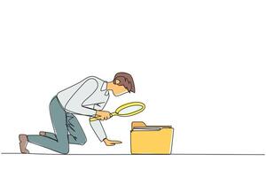 Single one line drawing of businessman holds magnifying glass highlighting folder icon. Look for old files are still important to move to a safer place. Continuous line design graphic illustration vector