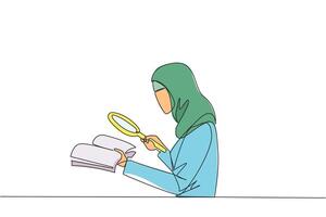 Single continuous line drawing Arabian businesswoman holds book and examines it with magnifier. Businesswoman re-reads scientific studies so that her business avoids bankruptcy. One line design vector