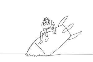 Continuous one line drawing of businessman sits downcast on a swooping rocket stranded and stuck at ground level. The new business was destroyed. Unable to pay bills. Single line draw design vector