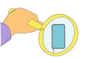 Single one line drawing of big hand holding magnifying glass highlights the smartphone. Observe every detail of the smartphone. Undergo changes as needed. Continuous line design graphic illustration vector