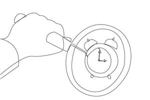 Single one line drawing big hand holding magnifying glass highlights the alarm clock. Tool for reminders. Balance between business time and life. Time management. Continuous line graphic illustration vector