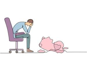 Single continuous line drawing of businessman sits pensively on office chair and in front is a broken piggy bank. Failing to save because have to pay large bills. One line design illustration vector