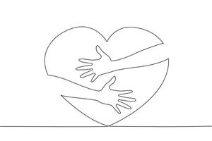 Single one line drawing of hands hugging big red heart. Hands holding heart. Symbol of charity. Generosity illustration. Care for others. Sharing concept. Continuous line design graphic illustration vector