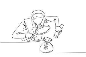 Continuous one line drawing businessman holds a magnifier and flashlight, then checks the money bag. Investigate money bag ownership. Style like detective. Single line draw design illustration vector