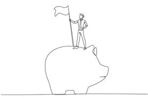 Continuous one line drawing of successful businessman standing on giant piggy bank holding flag. Making investments during the corona pandemic to keep the business survive. Single line draw design vector