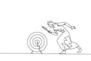 Single one line drawing Arabian businessman holds magnifying glass look at target arrow board. Businessman looking for ways to focus on growing business. Continuous line design graphic illustration vector