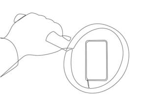 Single one line drawing of big hand holding magnifying glass highlights the smartphone. Observe every detail of the smartphone. Undergo changes as needed. Continuous line design graphic illustration vector