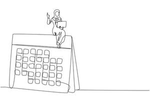 Continuous one line drawing Arab businesswoman sitting on a giant desk calendar raising one hand. Submit a monthly work plan and take days off via online to the manager. Work life balance. Single line vector