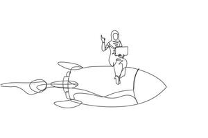 Continuous one line drawing of young Arabian businesswoman sitting on flying rocket. Index finger of the right hand lifts up while the other holds the laptop. Future transportation. Single line draw vector