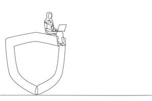 One single line drawing Arabian businesswoman sitting on giant shield. Make a program for data security on a laptop computer from hacker attacks. Network security administrator. Continuous line design vector