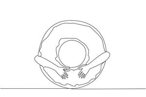 Single continuous line drawing of hands hugging donut. Cake that has a characteristic form of a hole in the middle. Made from wheat flour which has meses topping on top. One line illustration vector