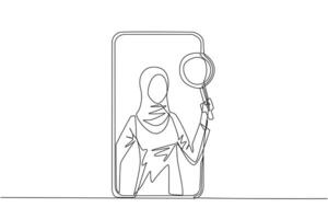 Single continuous line drawing of Arabian businesswoman came out of smartphone screen holding magnifier. Utilizing internet technology on smartphones to promote business abroad. One line design vector