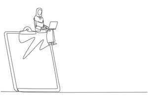 Single one line drawing of Arabian businesswoman sitting on giant clipboard while working on a laptop computer. Create a daily work plan. Concept of time management. Planning. Continuous line design vector