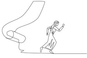 Continuous one line drawing Arab businessman running chased by pendulum paper rolls bills. Trying to run away from responsibility to pay off all the bills. Single line draw design illustration vector