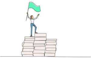 Single one line drawing of businesswoman standing on piles of paper document raising flag. Create business plan with lots of data. Winner even though there is a lot of work. Continuous line design vector