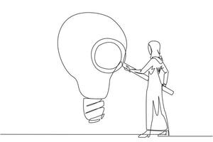 Single one line drawing Arabian businesswoman stood holding magnifier and inspected big lightbulb. Businesswoman are looking for new ideas, fresh ideas and innovation. Continuous line design graphic vector