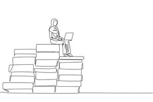 Single one line drawing Arabian businesswoman sitting on giant piles of paper document while working with laptop computer. Create work plan with lots of data. Overwork concept. Continuous line design vector