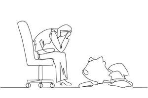 Continuous one line drawing of Arabian businesswoman sits pensively on office chair and in front a broken piggy bank. Failing to save because have to pay large bills. Single line draw design vector