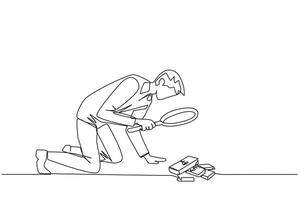 Single continuous line drawing businessman looked down examining piles of banknotes with magnifiers. Businessmen who know the rules, don't take what doesn't belong. One line design illustration vector