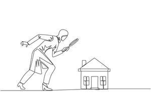 Continuous one line drawing of Arabian businesswoman holding magnifying glass looking at miniature house. Get ready to make passive income after viewing a house. Single line draw illustration vector