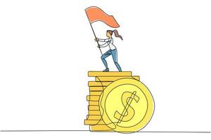 Single continuous line drawing of businesswoman standing on stack of coins raising flag. Successful remote freelance work. Get a lot of money. Concept of smart business. Award. One line design vector