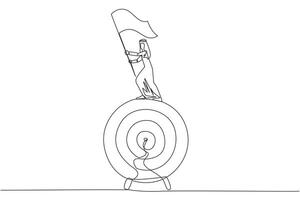 Continuous one line drawing of Arabian businessman standing on giant arrow target board raising flag. Focus on targets, be patient, smart business, success will be achieved. Single line draw vector