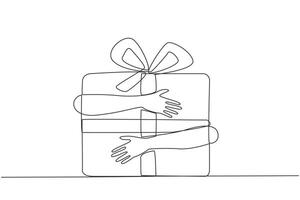 Single continuous line drawing of hands hugging gift box with red ribbon. Smart work that results in year-end bonuses. Work hard. Work smart. Sincere work. Get the bonus. One line illustration vector